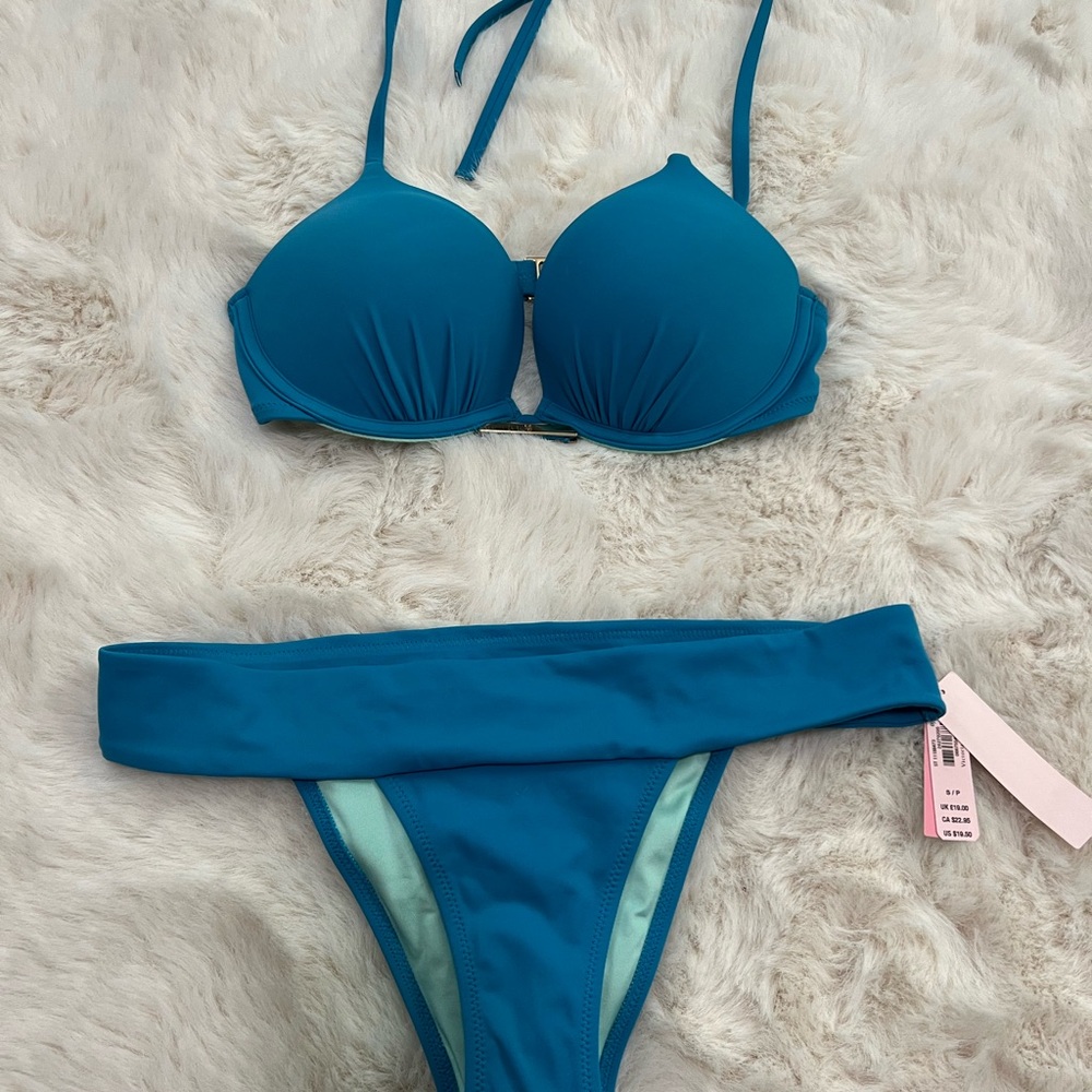Victoria's Secret Bombshell Tropical Blue Bikini Set with Add 2 Cups Top